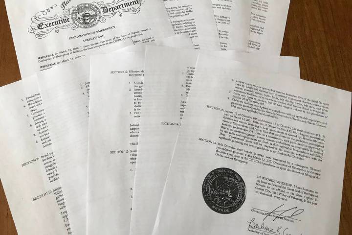 Robin Hebrock/Pahrump Valley Times Nevada Gov. Steve Sisolak signed his Declaration of Emergenc ...