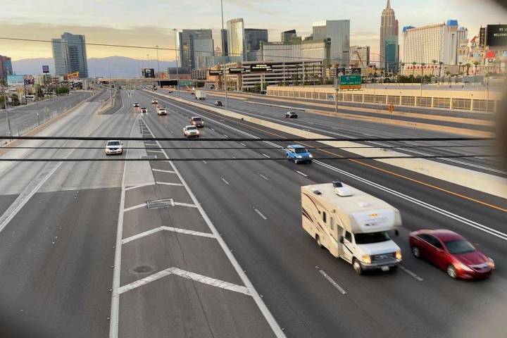 Light traffic seen on Interstate 15 in the Resort Corridor on May 14, 2020. (Mick Akers/Las Veg ...