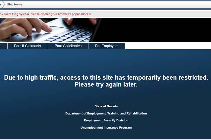 A screen shot taken of the Nevada unemployment website on Tuesday, April 14, 2020.