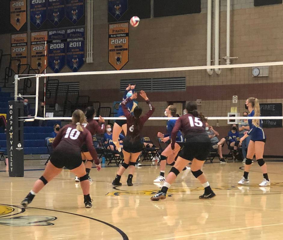 Tom Rysinski/Pahrump Valley Times Pahrump Valley High School volleyball players prepare to defe ...