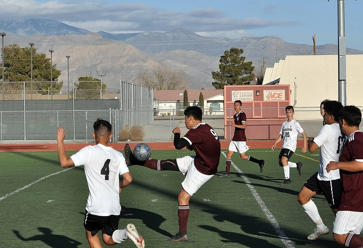Horace Langford Jr./Pahrump Valley Times Junior Angel Hurtado tries to control the ball during ...