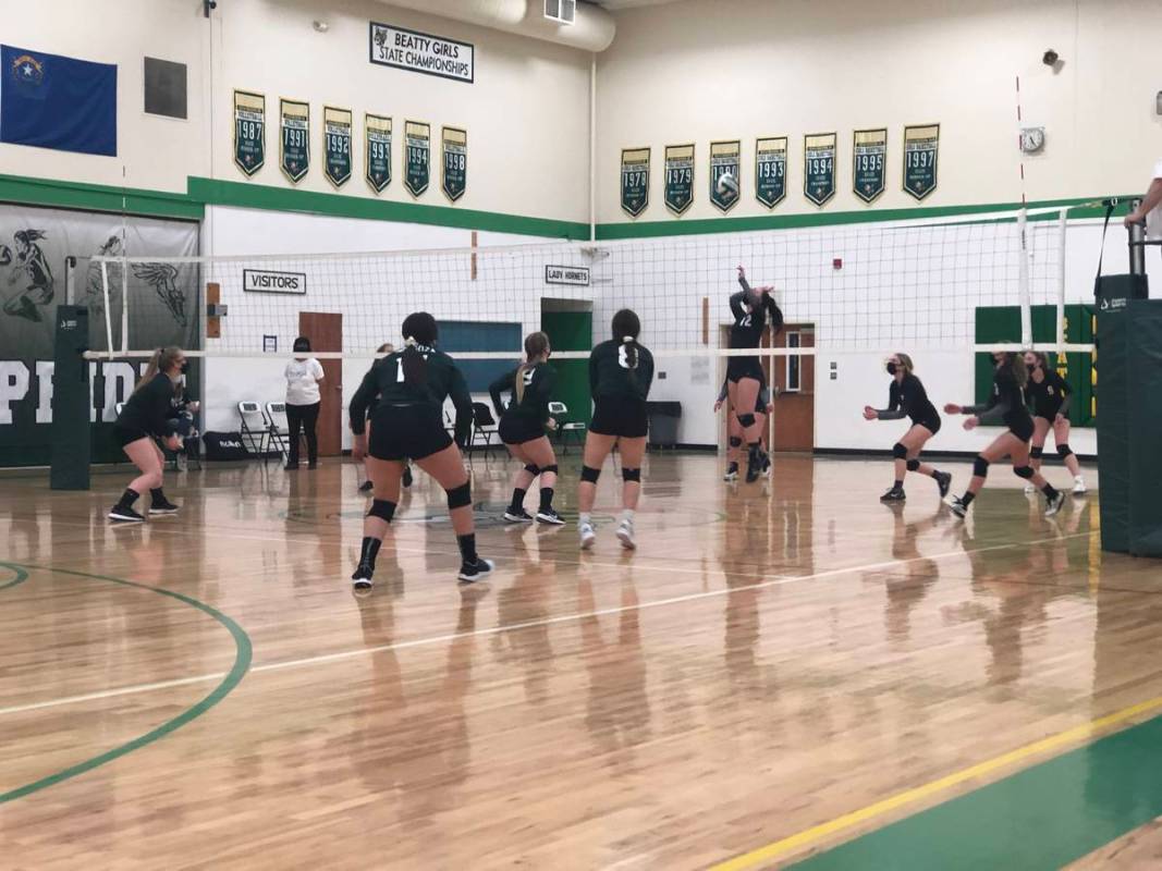 Tom Rysinski/Pahrump Valley Times Junior Brooklyn Hanks goes up for a kill attempt during the R ...