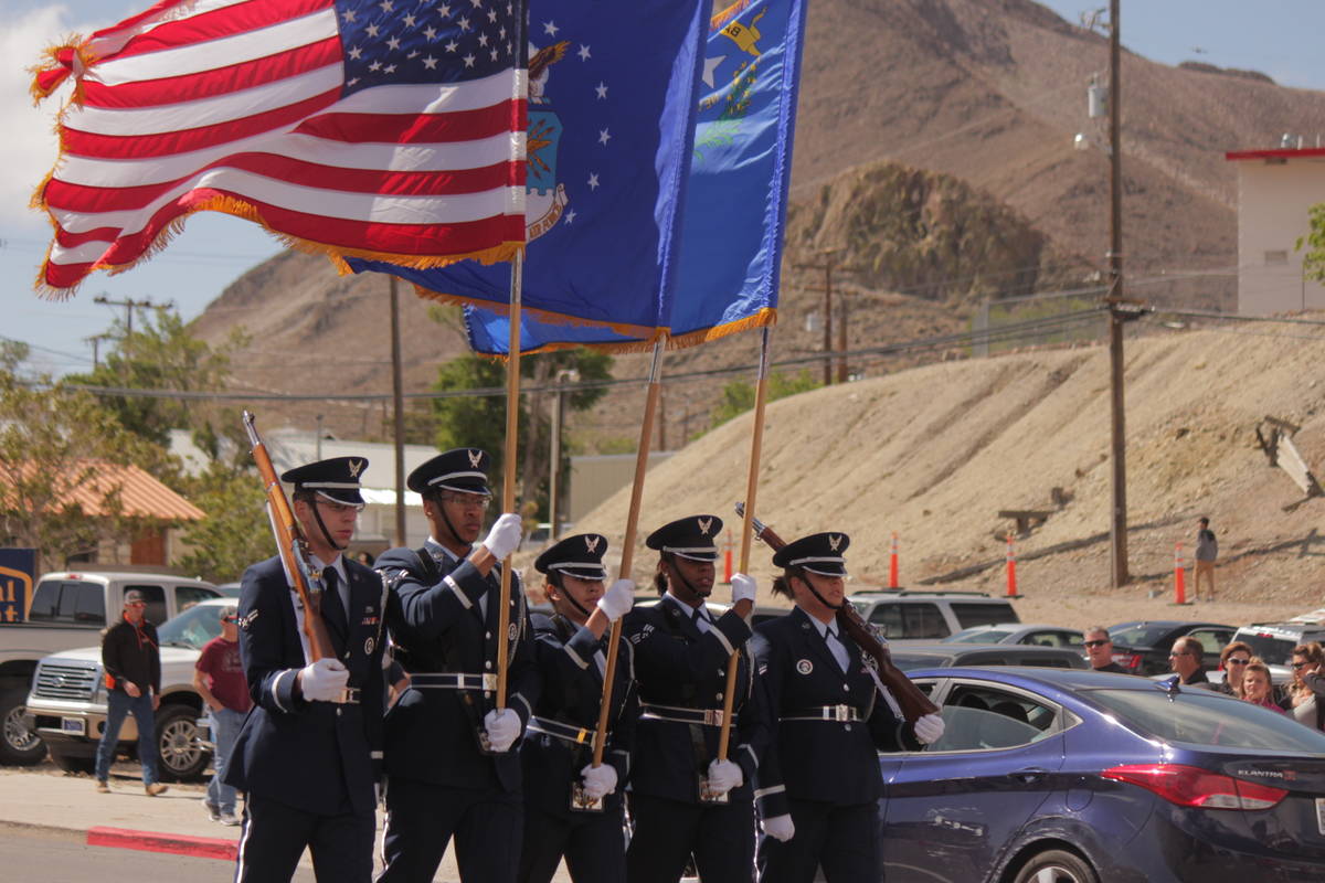 Jeffrey Meehan/Pahrump Valley Times The Nellis Air Force Honor Guard was first to walk along Ma ...