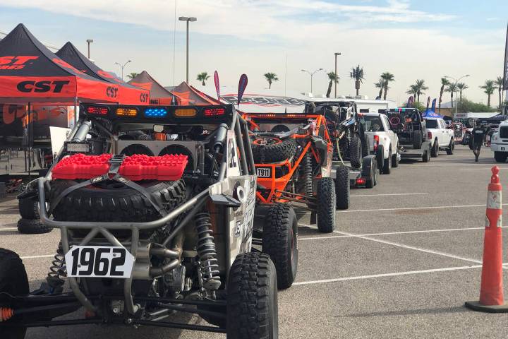 Tom Rysinski/Times-Bonanza & Goldfield News Racers line up for technical inspections in Las Veg ...