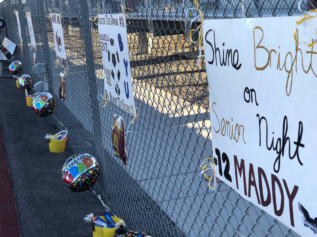 Tom Rysinski/Pahrump Valley Times Signs celebrating each of the five seniors on the Pahrump Val ...