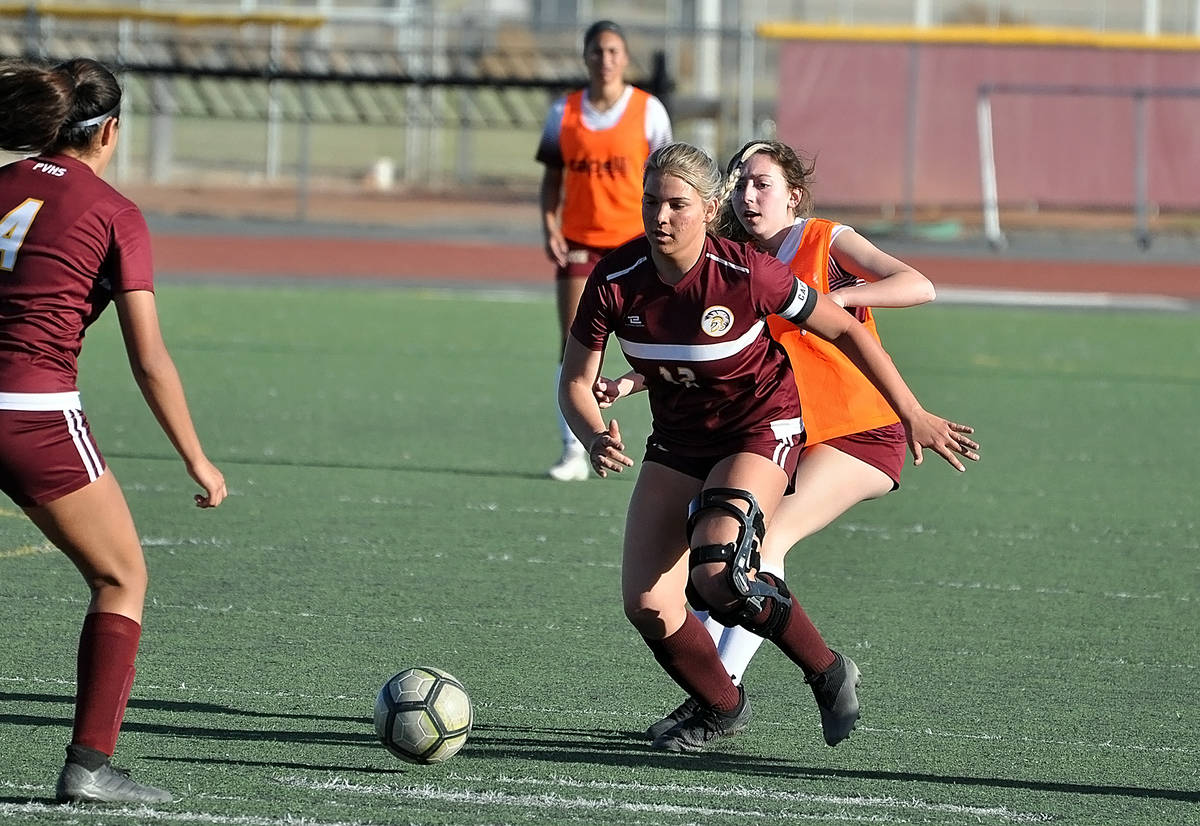 Horace Langford Jr./Pahrump Valley Times Senior Maddy Souza controls the ball for Pahrump Valle ...