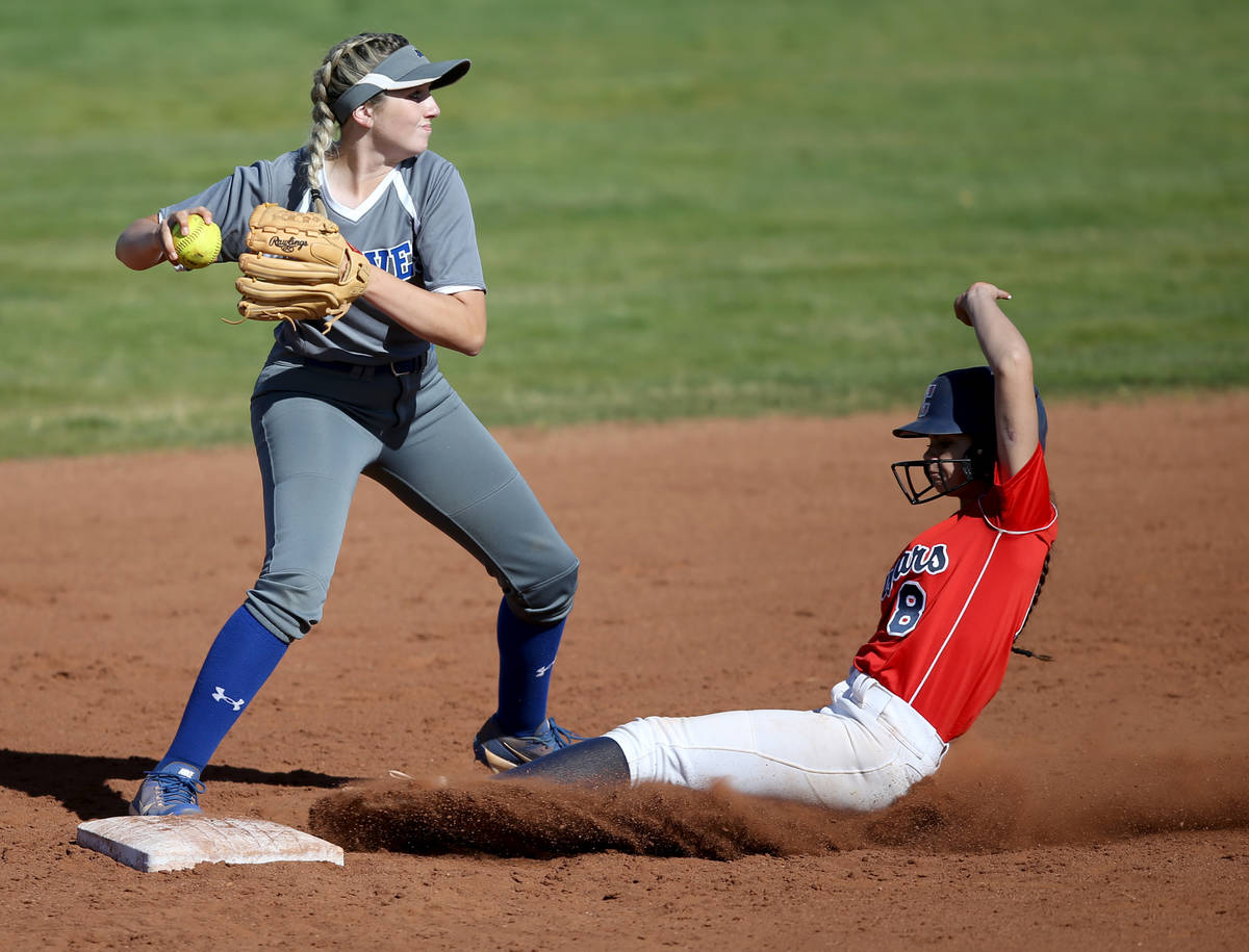 Basic's Sierra McClean (12) forces out Coronado Madison Stephens (8) in the third inning during ...