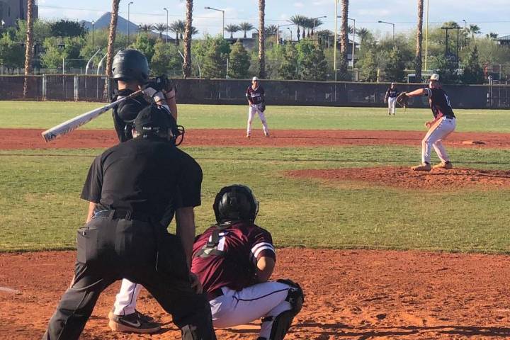 Tom Rysinski/Pahrump Valley Times Pahrump Valley's Kyle McDaniel pitches to a Faith Lutheran ba ...