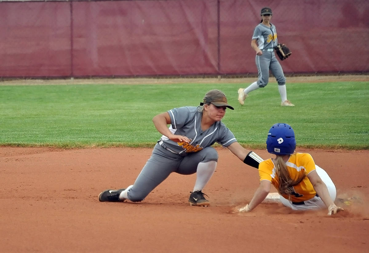 Horace Langford Jr./Pahrump Valley Times Pahrump Valley senior Ally Rily makes the tag on Moapa ...
