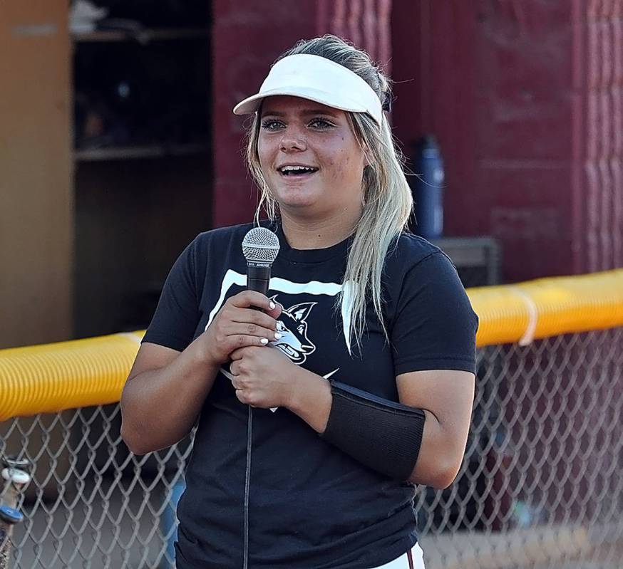 Horace Langford Jr./Pahrump Valley Times Ally Rily speaks to teammates and fans after signing h ...