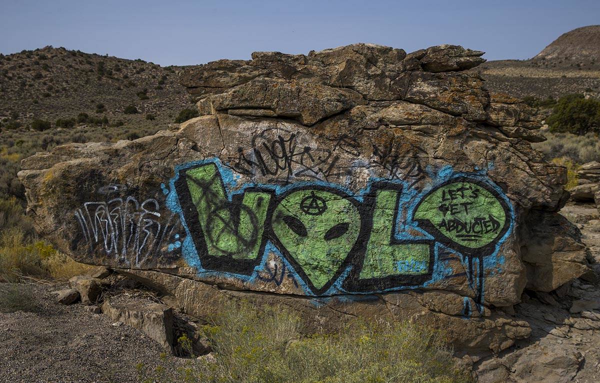 A painted rock with alien motif marks a spot on S.R. 375 between Hiko and Rachel on Thursday, S ...