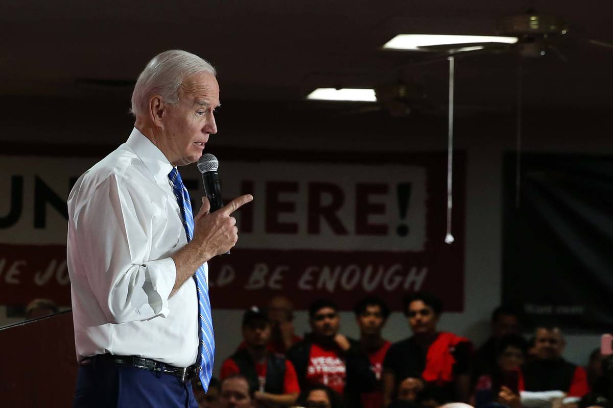 Bizuayehu Tesfaye/Las Vegas Review-Journal President Joe Biden speaks during a town hall event ...