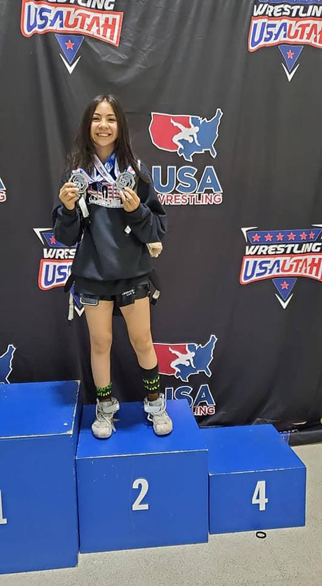 Special to the Pahrump Valley Times Mika Yoffee shows off her silver medals in freestyle and Gr ...