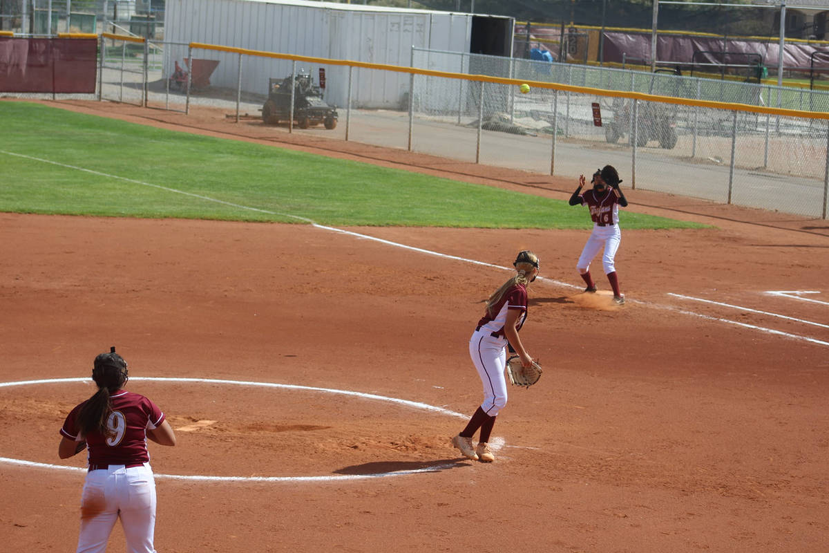 Cassondra Lauver/Special to the Pahrump Valley Times Third baseman Haven Nelson (9) watches her ...