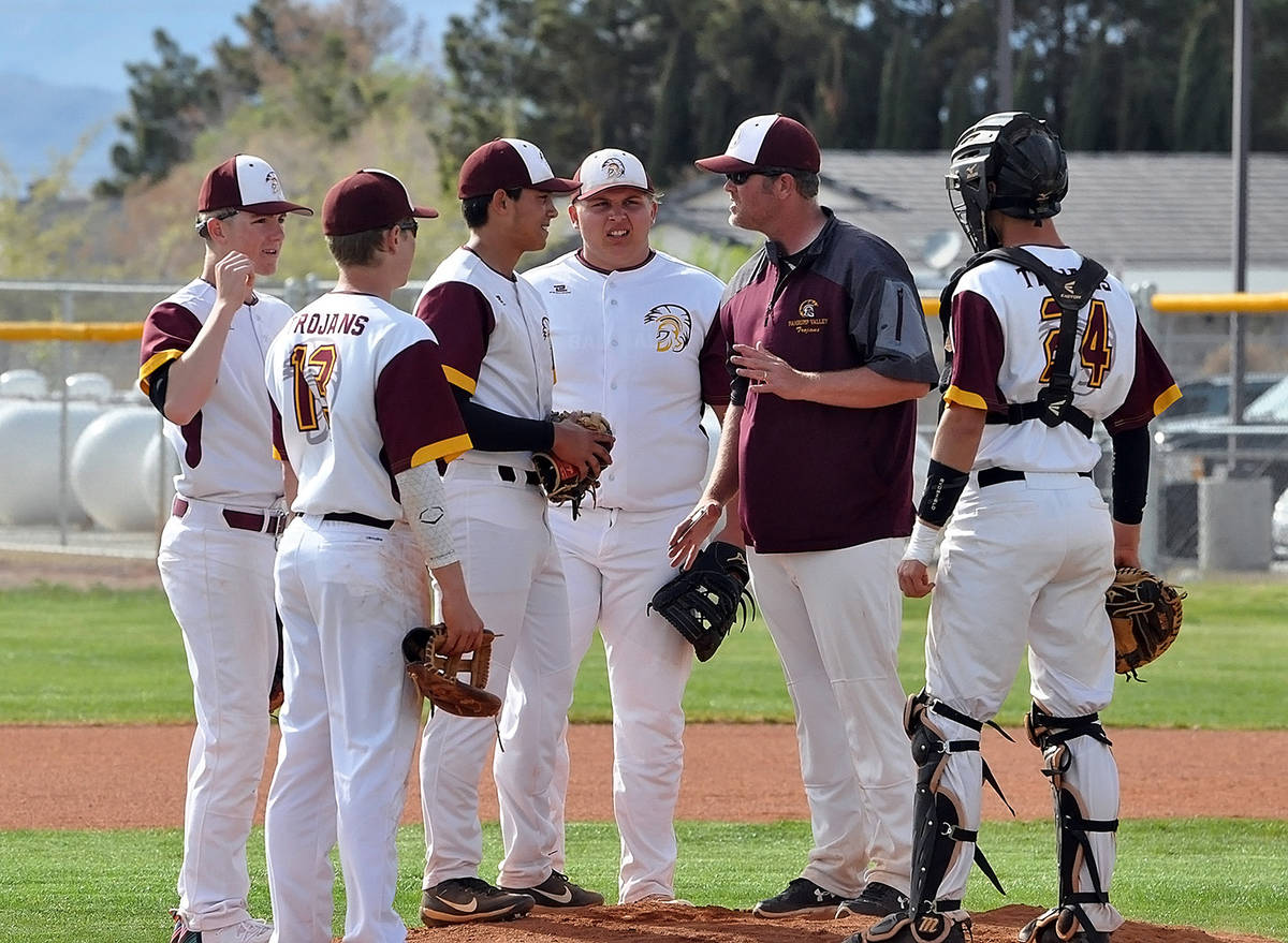 Horace Langford Jr./Pahrump Valley Times file Coach Brian Hayes makes a visit to the mound duri ...