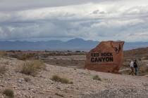 Tourists leave after taking selfies by the Red Rock Canyon sign on Friday, March 13, 2020, in L ...