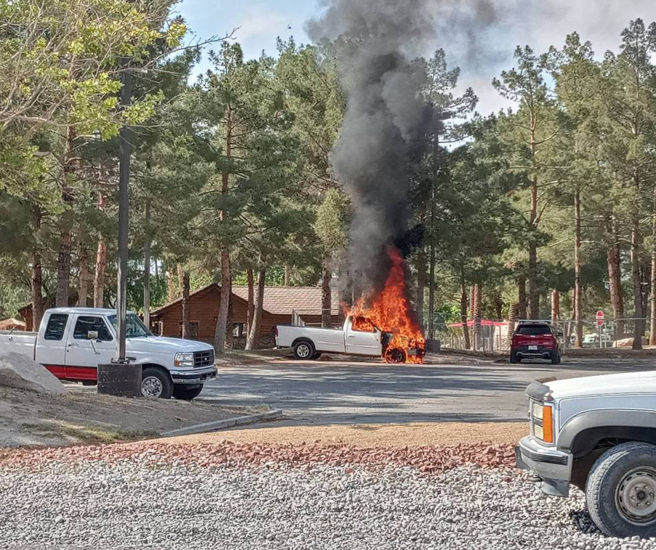 Selwyn Harris/Pahrump Valley Times Fire destroyed a pickup truck in the parking lot of the Lake ...