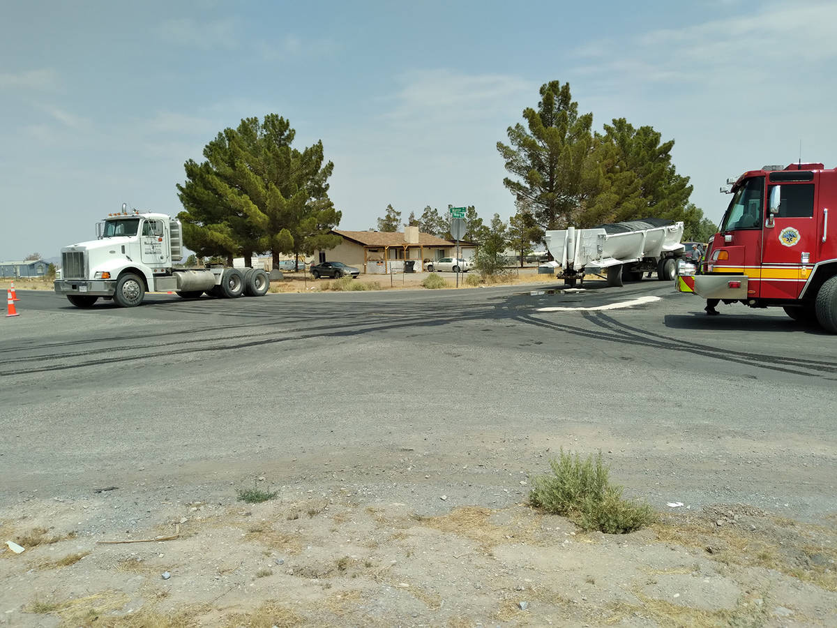 Selwyn Harris/Pahrump Valley Times A malfunction between a semi-truck and its trailer caused a ...