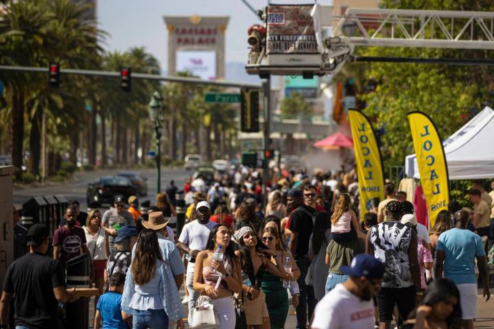 The Strip is packed during Memorial Day weekend on Saturday, May 29, 2021, in Las Vegas. (Benja ...