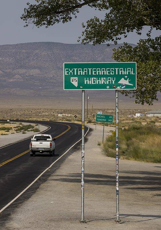 One of the Extraterrestrial Highway signs along S.R. 375 on Thursday, Sept. 17, 2020, in Hiko. ...