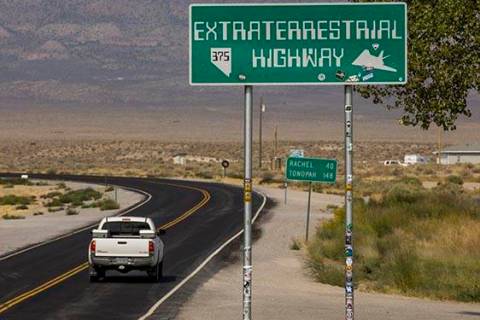 One of the Extraterrestrial Highway signs along S.R. 375 on Thursday, Sept. 17, 2020, in Hiko. ...