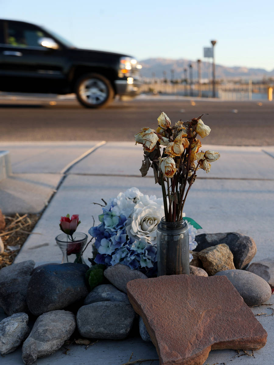 A memorial at a crosswalk on Lone Mountain Road near Losee Road in North Las Vegas Wednesday, M ...