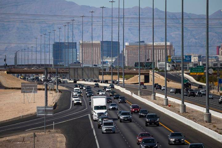 Motorists travel southbound on Interstate 15 in Las Vegas on Monday, May 31, 2021. (Chase Steve ...