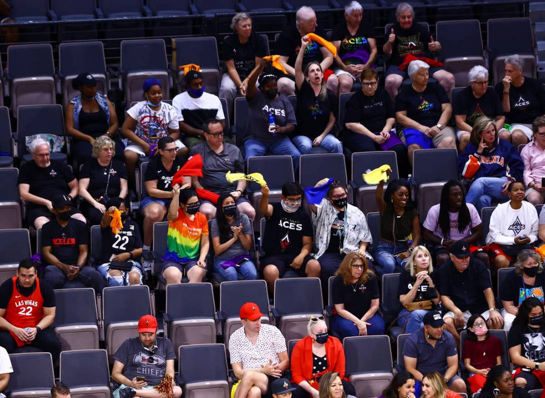 Las Vegas Aces fans cheer during a "Pride Night game" against Seattle Storm in the second quart ...