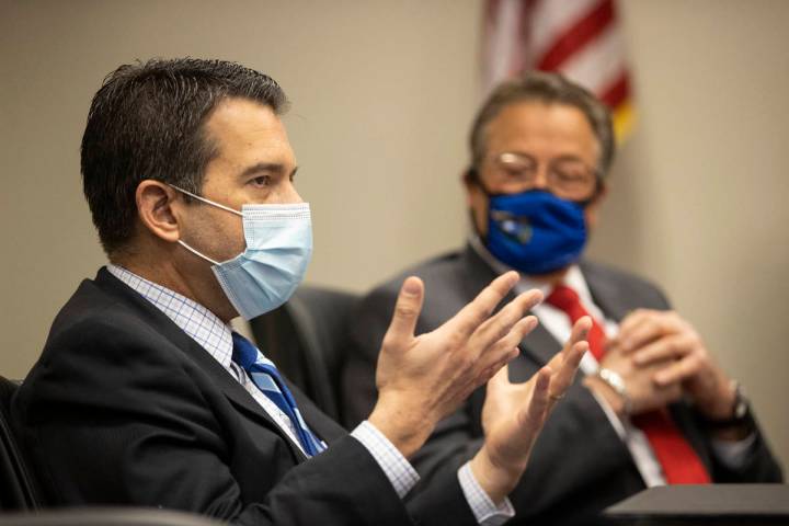 File photo Brin Gibson, left, chair of the Nevada Gaming Control Board, and John Moran, chairma ...