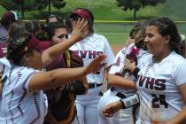 File photo Pahrump Valley High School softball players celebrate their 11-8 win over Fernley th ...