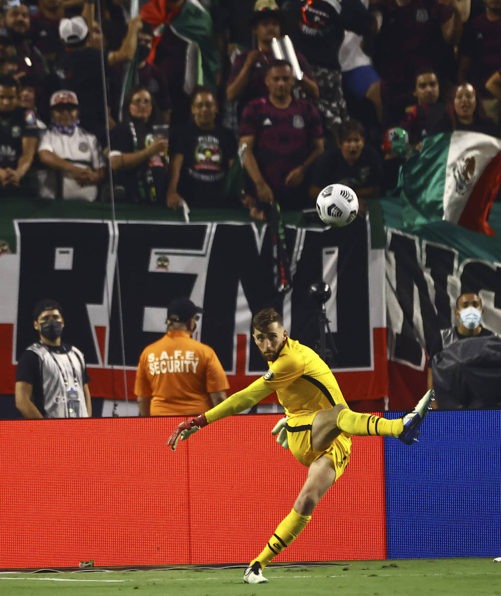 United States goalkeeper Matt Turner kicks the ball during the second half of the Concacaf Gold ...