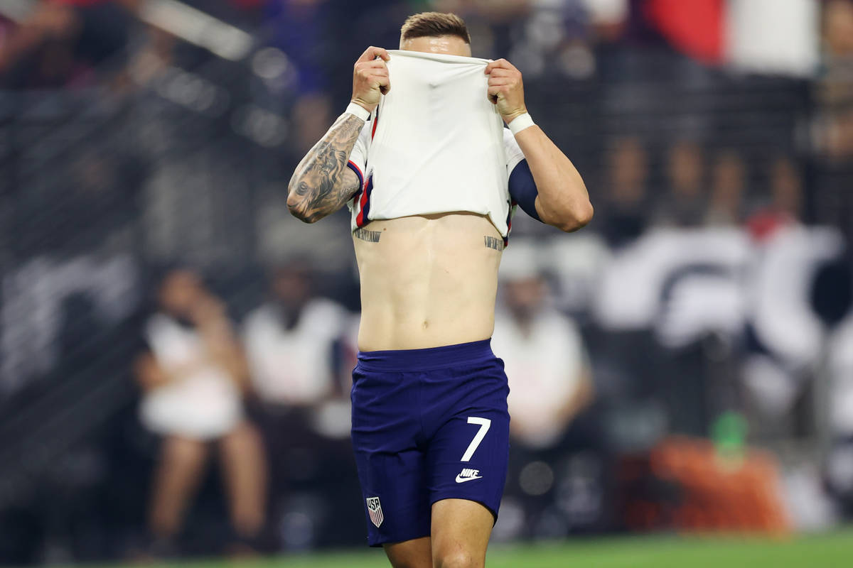 United States forward Paul Arriola (7) reacts after missing a shot during the first half of the ...