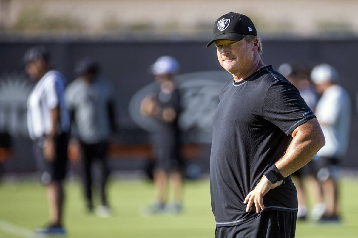 Raiders Head Coach Jon Gruden looks his players during practice at the Intermountain Healthcare ...