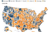 A county map of the United States and Puerto Rico shows percentage change in population from 20 ...