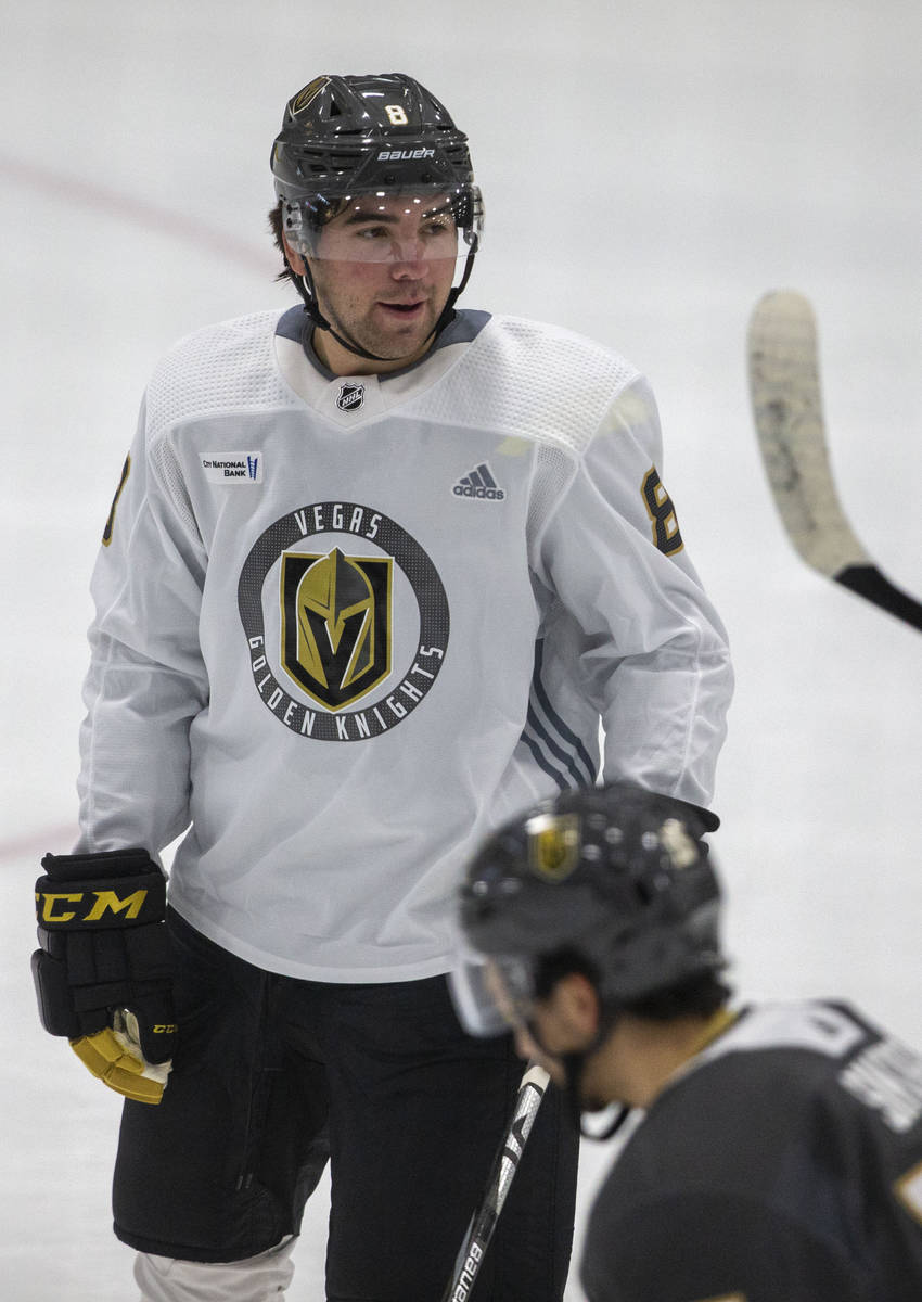 Golden Knights forward Jack Dugan (8) during training camp on Wednesday, Jan. 6, 2021, at City ...