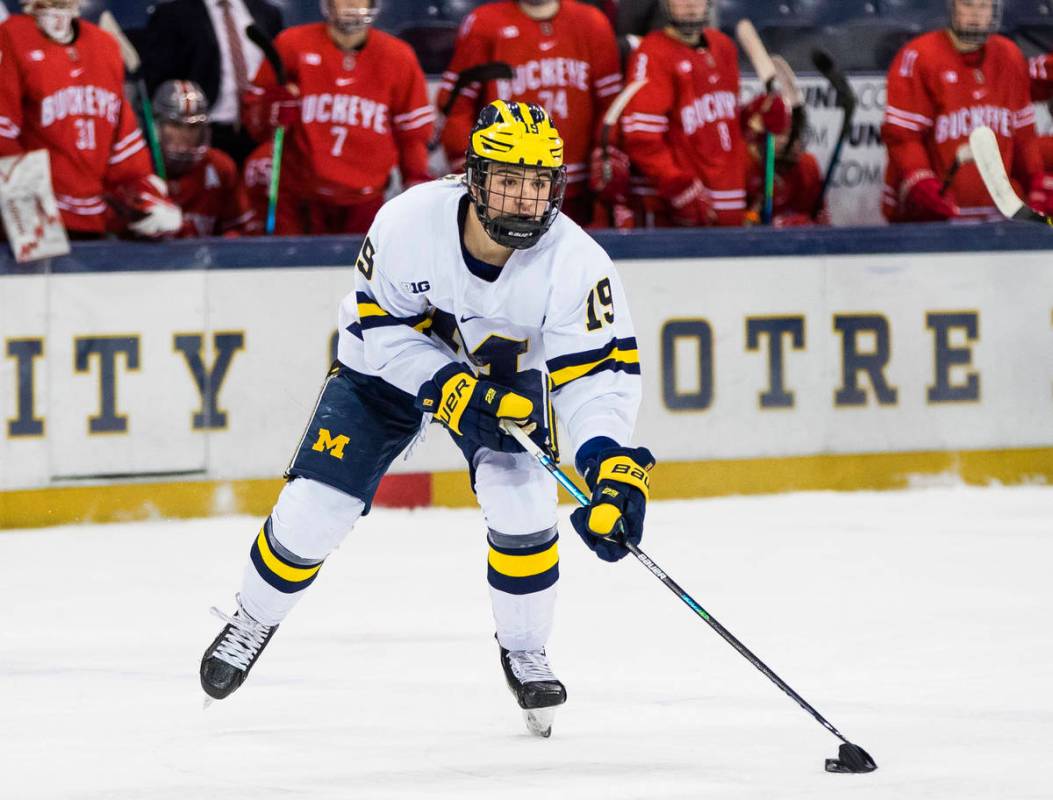Michigan's Brendan Brisson (19) skates down the ice during an NCAA college Big Ten hockey tourn ...