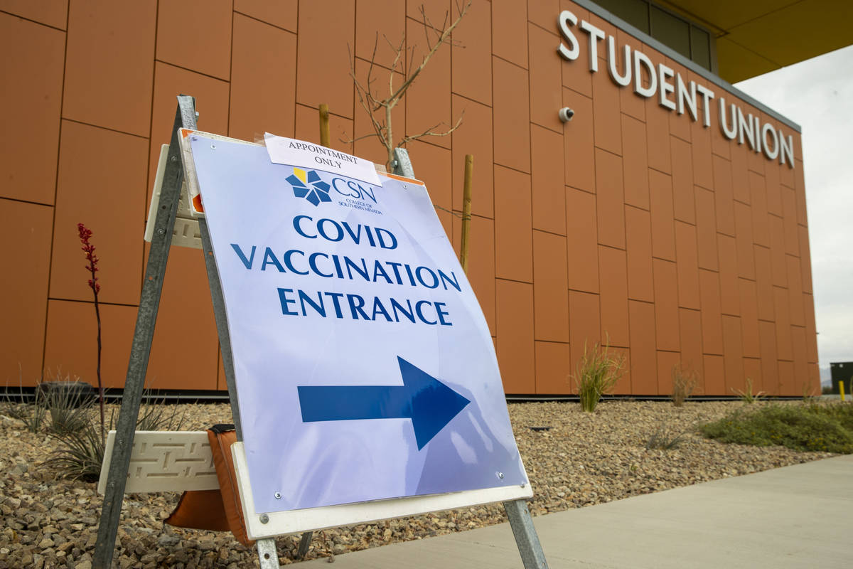 Sign outside the student union for a COVID-19 vaccination clinic at CSN in Henderson in conjunc ...