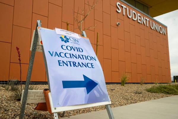 Sign outside the student union for a COVID-19 vaccination clinic at CSN in Henderson in conjunc ...