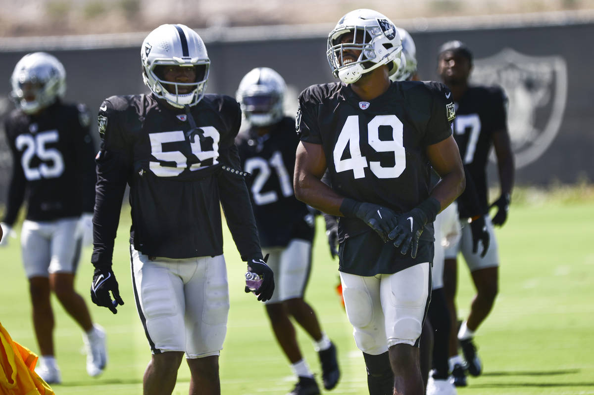 Raiders linebacker Te'von Coney (59) and safety Divine Deablo (49) look on during training camp ...