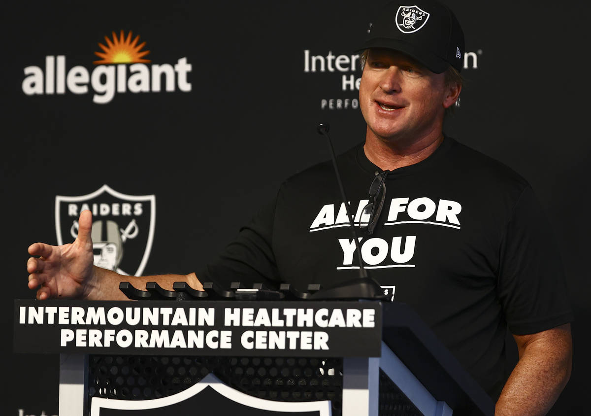 Raiders head coach Jon Gruden responds to questions from members of the media at Raiders Headqu ...