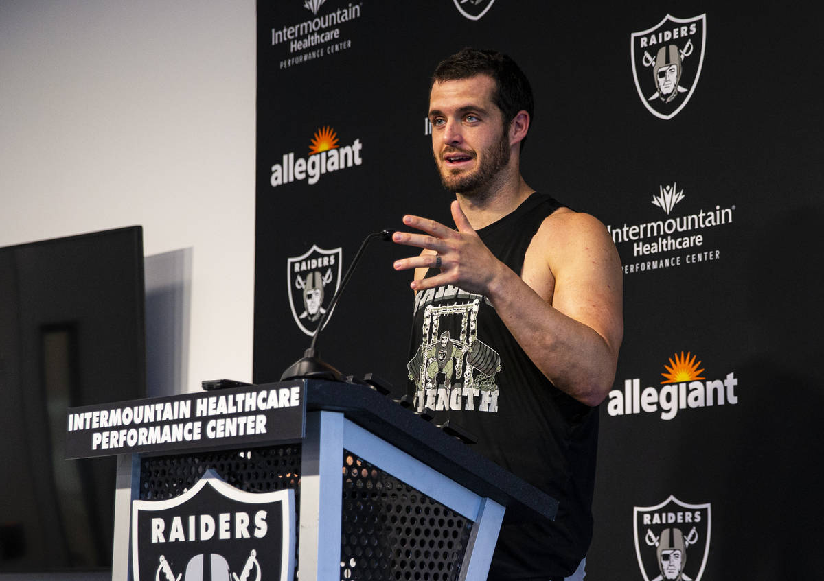 Raiders quarterback Derek Carr responds to questions from members of the media at Raiders Headq ...