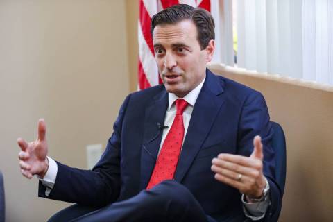 Adam Laxalt, who is running for a seat in the U.S. Senate, speaks to the Review-Journal at an o ...