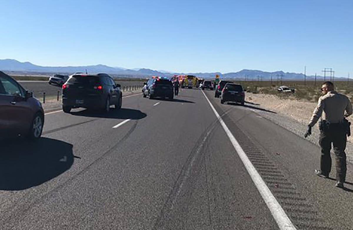 Law enforcement officers investigated a fatal two-vehicle crash on State Route 160 near Pahrump ...