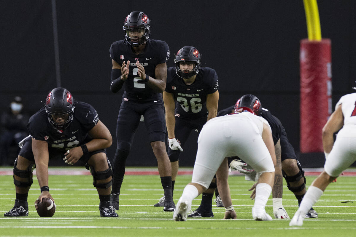 UNLV Rebels quarterback Doug Brumfield (2) signals during the third quarter of an NCAA football ...