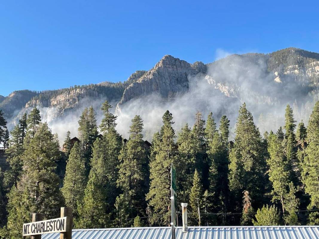 Smoke can be seen from a fire that damaged the lodge at Mount Charleston on Friday, Sept. 27, 2 ...