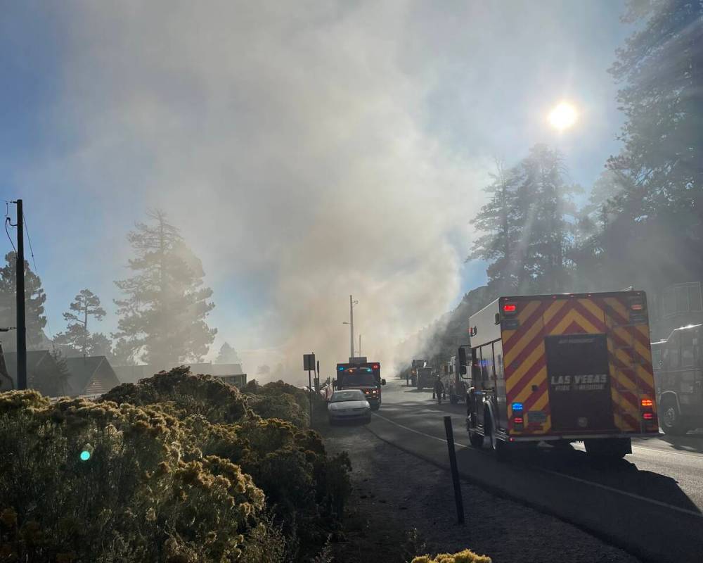 Emergency crews on the scene of a fire that damaged the lodge at Mount Charleston on Friday, se ...