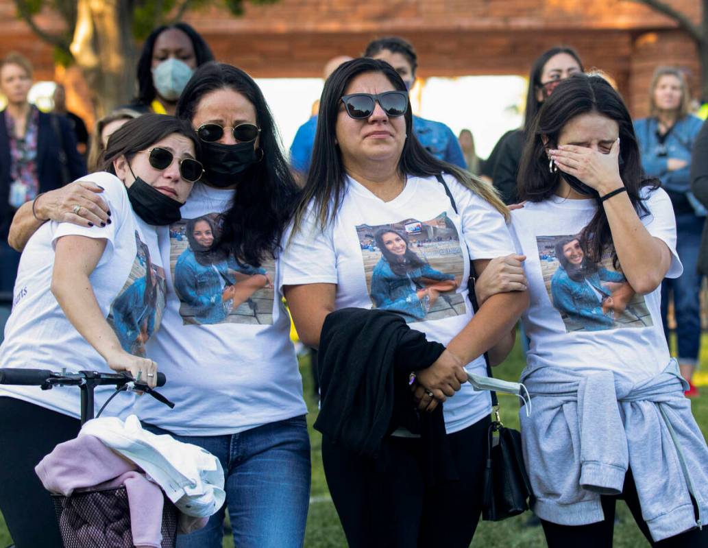 Sophia Ramirez, left, her mother Kaycee Meeks, and her sister Olivia Ramirez, right, attend the ...