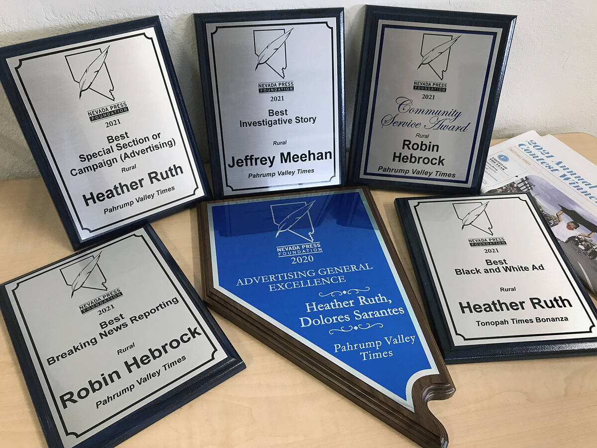 Robin Hebrock/Pahrump Valley Times This photo shows some of the first-place awards plaques memb ...
