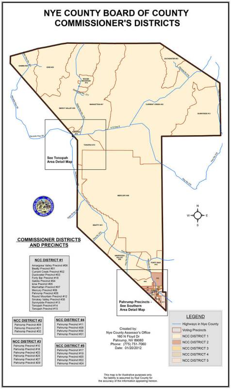 Special to the Pahrump Valley Times The boundaries of the Nye County Commission districts are l ...