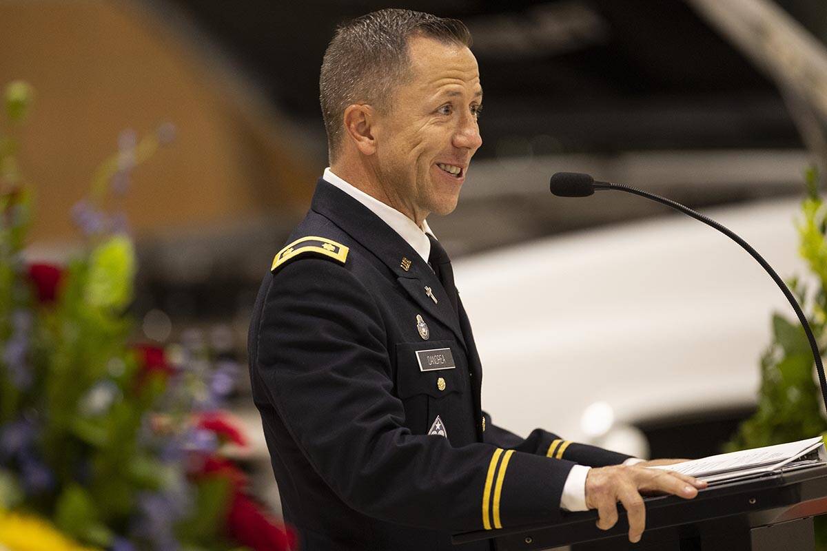Nevada National Guard Chaplain Troy Dandrea speaks during a ceremony to honor the memory of Nev ...